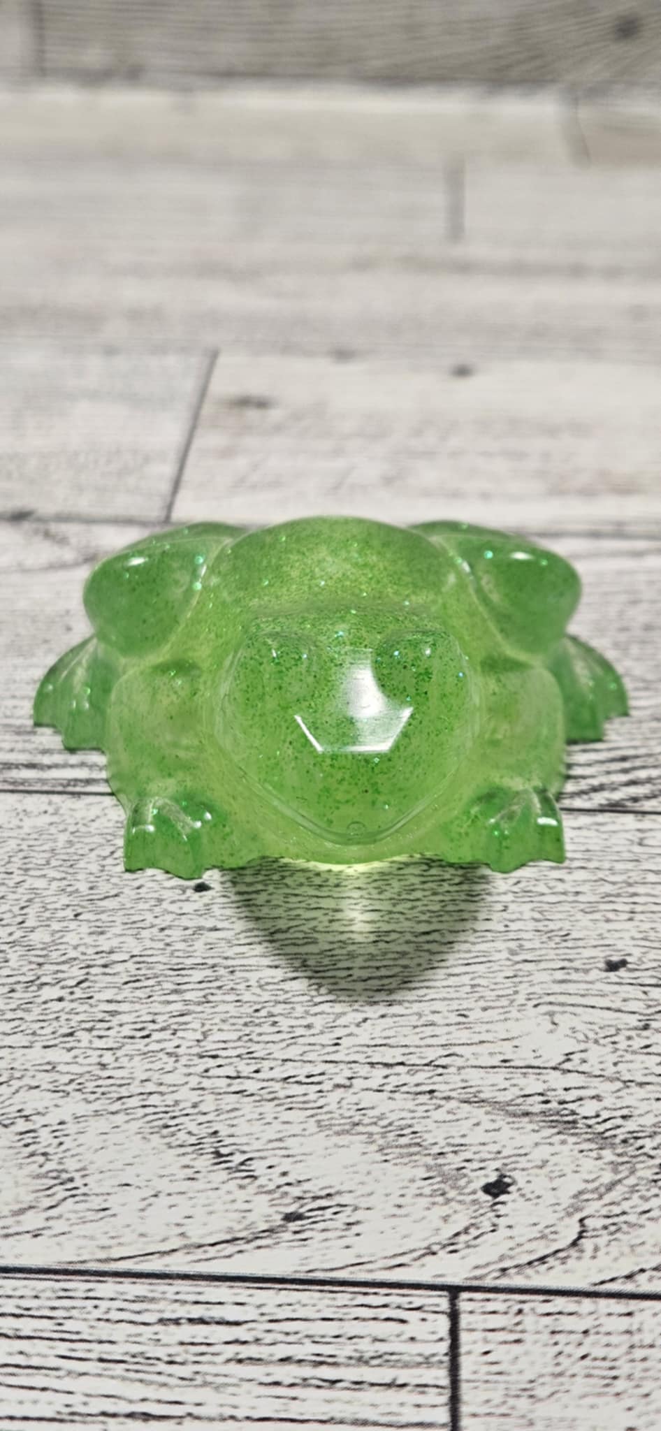 Green resin frog on a wooden surface