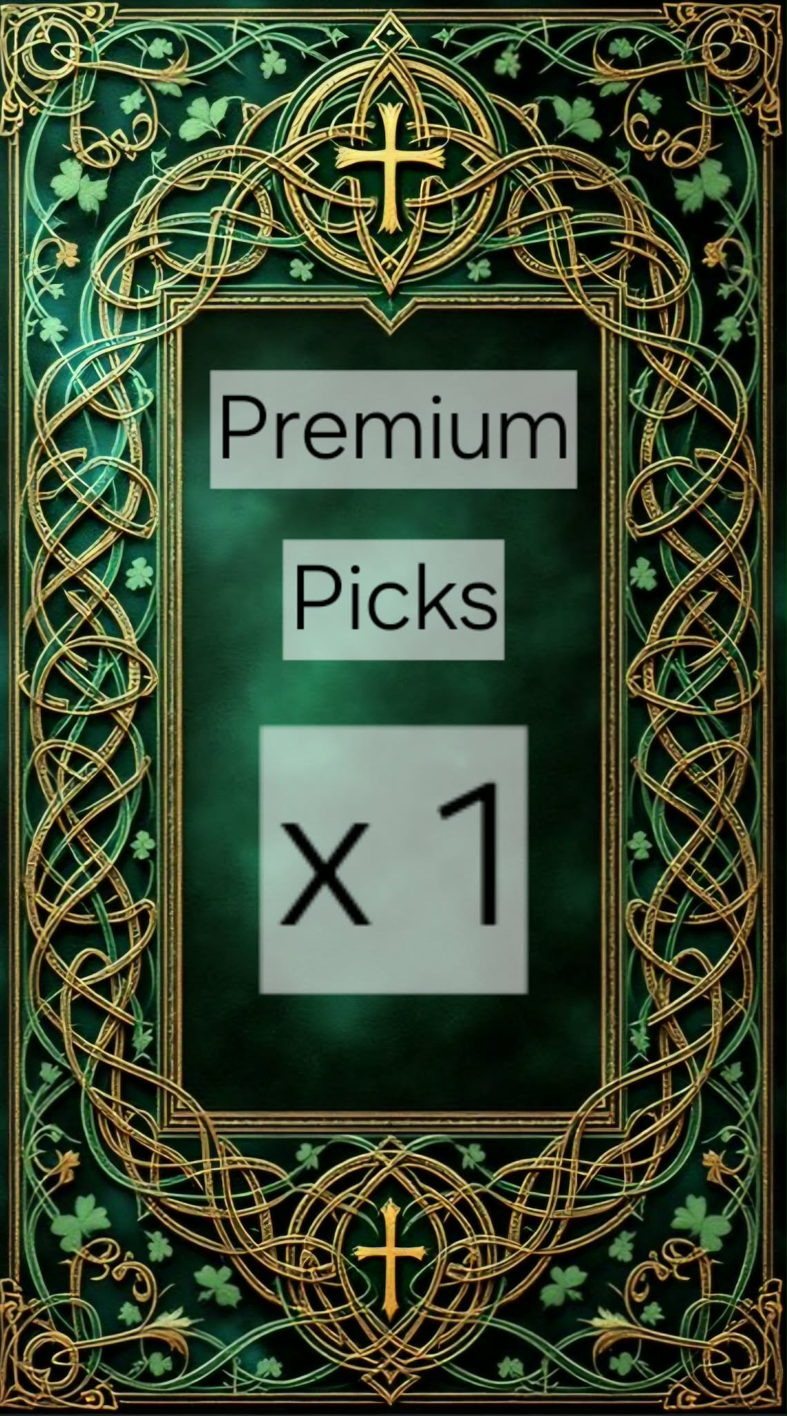 Decorative green and gold card with 'Premium Picks x 1' text