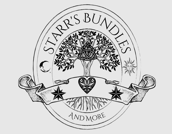 Logo for 'Starr's Bundles and More' with a tree of life, heart, and text on a light gray background
