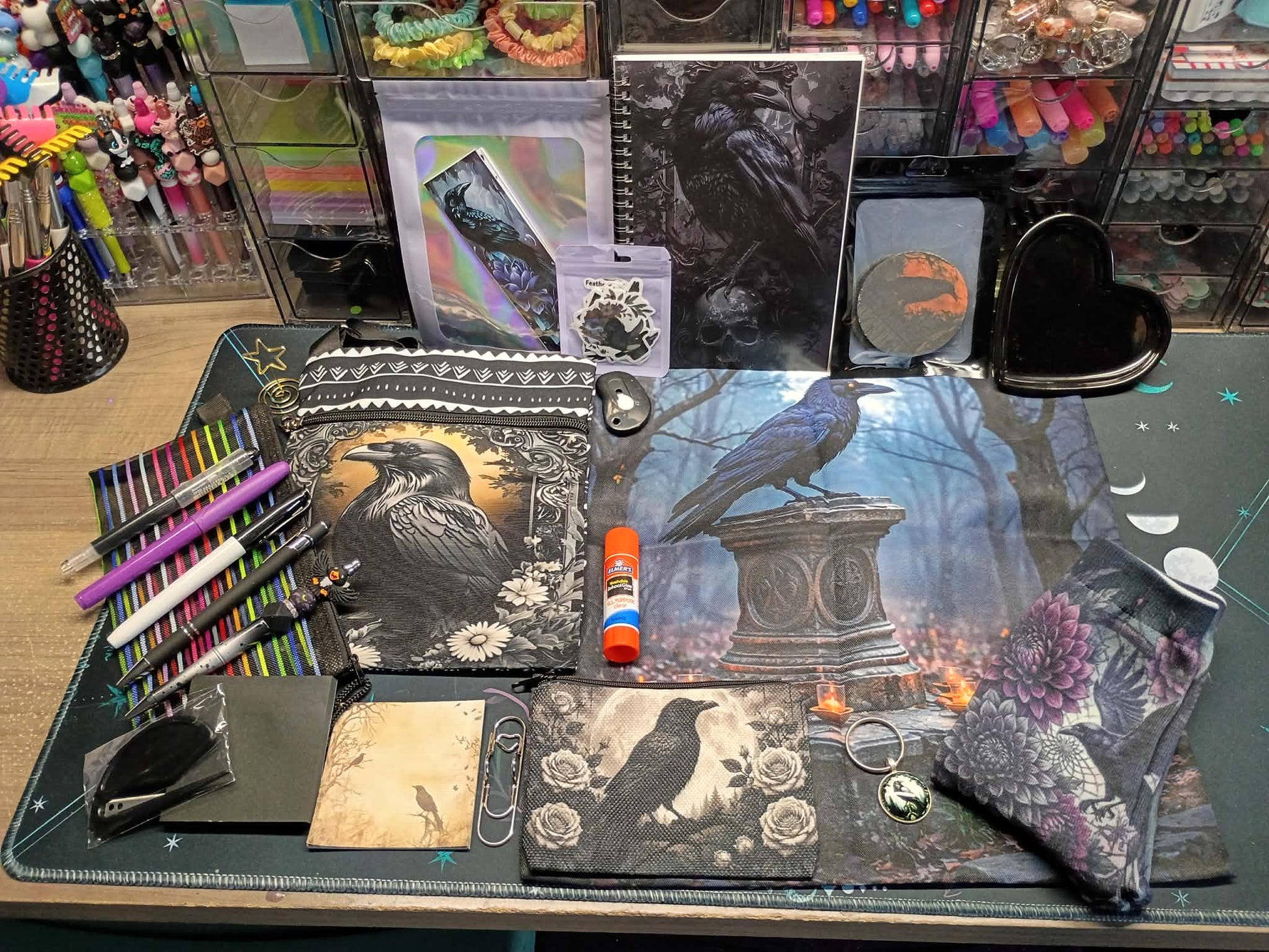 random raven bags and stationary
on desk