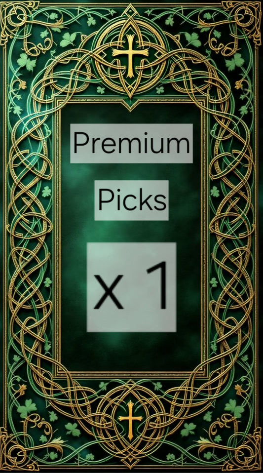 Decorative green and gold card with 'Premium Picks x 1' text
